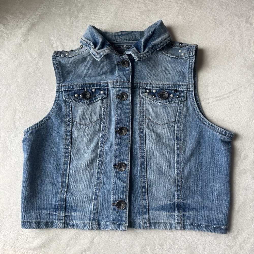 WallFlower Button Vest Blue Short Sleeveless Studded Collared 12/14 girl's L